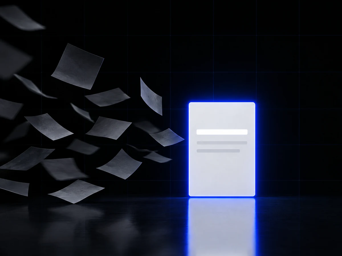 Scattered notes converging into one clear card